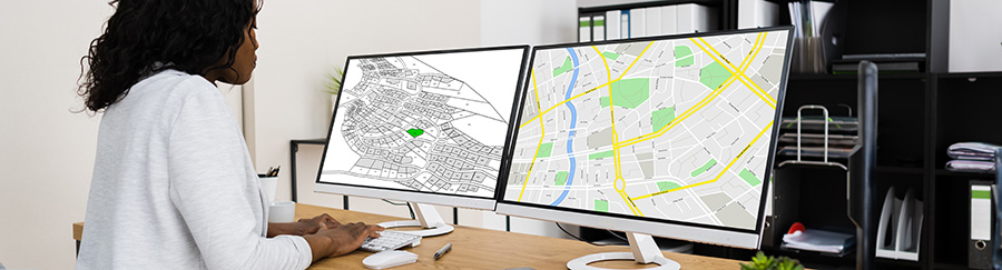 Someone sitting at a computer looking at maps